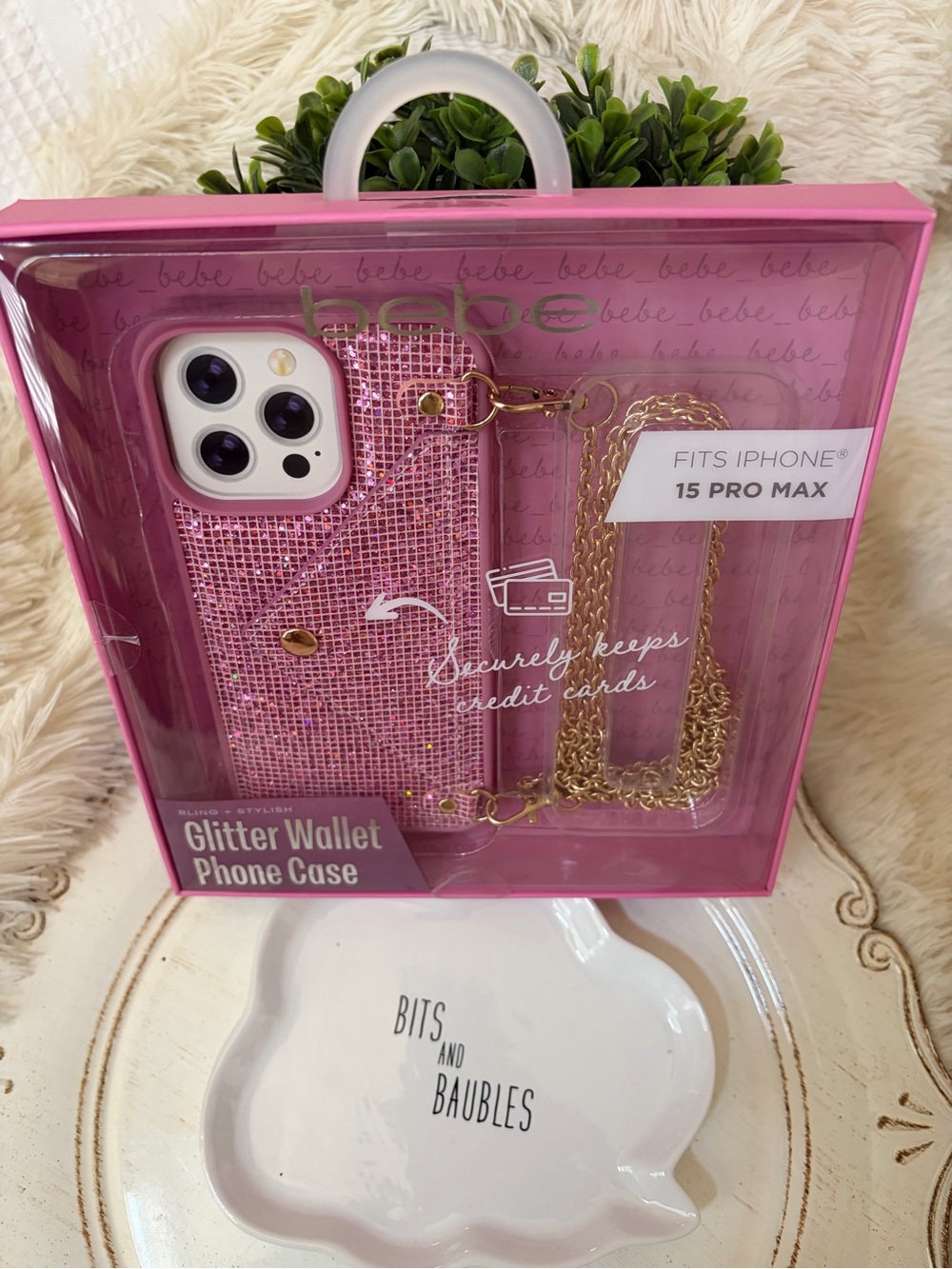 bebe Pink Glitter Wallet Phone Case with Gold Chain - Fits iPhone 15 Pro Max - Picture 5 of 6